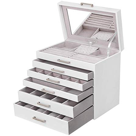 SONGMICS Joyero, Caja de Joyas, Grande con 6 Niveles, con Espejo, para Pendientes, Collares, Pulseras, Relojes, Gafas, Blanco JBC138