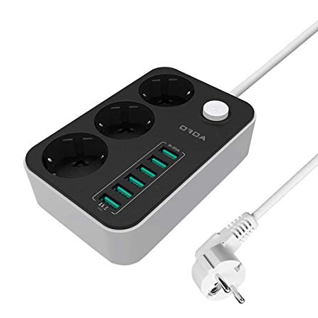 AOFO Regleta Enchufes de 3 Tomas y 6 Puertos de USB(5V/3.4 A, 17W), Alargadora cable con 1.6 Metros Potencia 2500w Tensión Nominal AC100-250V Protection para niños para Viajes en Casa
