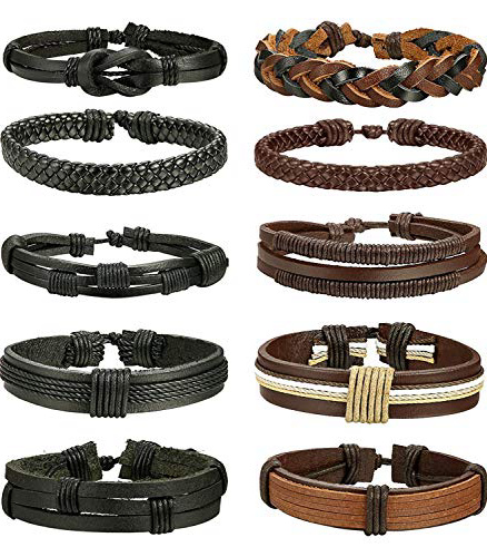 Besteel 10-16Piezas Pulseras Cuero Trenzado para Hombres Mujeres Pulsera de Cuerda Nudo Brazalete Vintage Pulseras Set, Ajustable