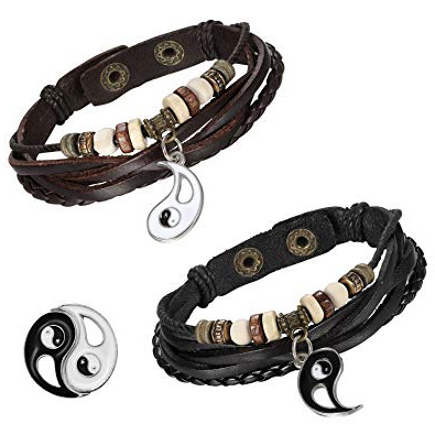 Flongo 2 Piezas Pulseras para Parejas Enamorados, Yin Yang Tai Chi Colgantes Negro Blanco, Pulseras Tribal de Cuero Trenzadas, Buen Regalo de San Valentin/Navidad