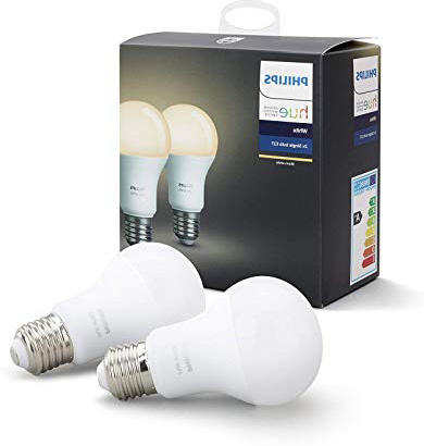 Philips Hue Hue White Pack de 2 Bombillas LED E27, 9 W, iluminación conectada, luz Blanca cálida Regulable, Compatible con Apple Homekit y Google Home