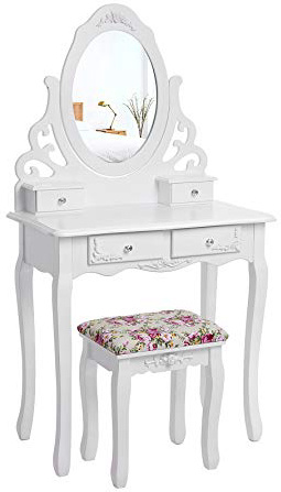 SONGMICS Tocador con cajones y Taburete Blanco 75 x 40 x 139 cm RDT04W