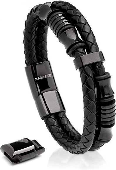 SERASAR | Pulsera de Cuero Premium para Hombre en Negro | Cerradura Magnética de Acero Inoxidable en Negro y Plata | Joyero Exclusivo | Gran Idea de Regalo