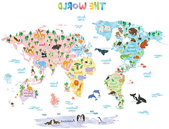 DECOWALL DLT-1615 Mapamundi Animales Vinilo Pegatinas Decorativas Adhesiva Pared Dormitorio Salón Guardería Habitación Infantiles Niños Bebés (Extra Grande) (English Ver.)