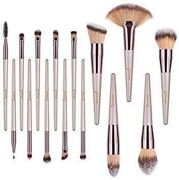 Brochas de Maquillaje, 15pcs Maquillaje Profesional Pinceles Maquillaje de Ojos, Rubor, Contorno, Corrector, Pinceles Cosméticos, Pincel Cosmético Profesional con Estuche de Viaje (Dorado champagne)