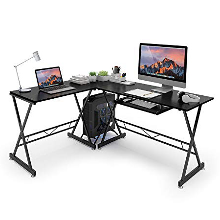 Slypnos Escritorio de Esquina, Mesa de Ordenador en Moderno Forma L, Mesa de Estudio Esquina, MDF+Acero, Capacidad máxima 50 Kg para Hogar, Oficina, Estudio (Negro)