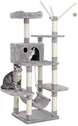 FEANDREA Árbol para Gatos Rascador con nidos Hamaca Plataformas Bolas de Juego 154 cm Colores Opcionales Gris Claro PCT86W