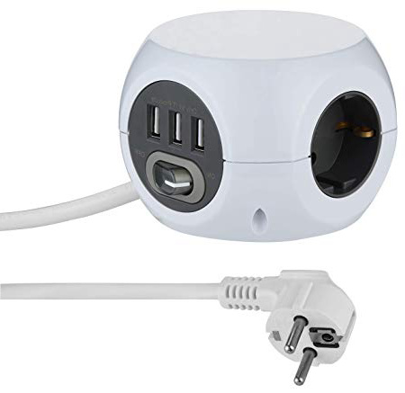 Electraline 62078 Mini Cubo con 3 puertos USB 2.4 A, con 3 tomas con interruptor, Cable 1,5M, Blanco