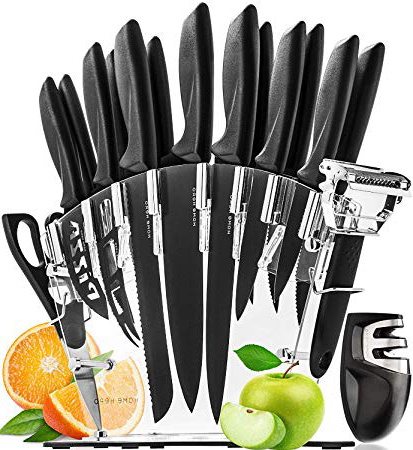 HomeHero Juego de 13 Cuchillos de Cocina con Soporte y Afilador | Utensilios de Acero Inoxidable para Profesionales y Aficionados | 6 Cuchillos para Bistec, Chef, Pizza, Queso y más | Pelador Gratis