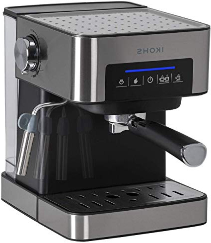 IKOHS TAZZIA - Cafetera Espress para Espresso y Cappuccino, Presión 20 Bares, 850 W, Depósito 1,5 litros, Vaporizador Orientable, Digital, con Doble Salida, Regulador de Presión, Color Acero y Negro