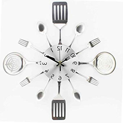 FBlue 3D extraíble moderna cocina Cubiertos Cuchara Tenedor reloj de pared Tatuajes de pared Espejo