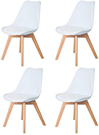 DORAFAIR Pack 4 sillas escandinava Estilo nórdico Silla de Comedor, con Las piernas de Madera de Haya Maciza y cojín cómoda,Blanco