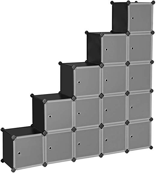 SONGMICS Estantería Modular, Armario Modular de 16 Cubos, Estantería de Plástico con Puertas, para Zapatillas, Ropa, Juguetes, Libros, Fácil de Montar, Negro LPC44HS