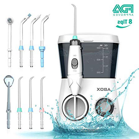 ABOX Irrigador Dental Profesional, irrigador bucal con 8 boquillas multifuncionales, 10 ajustes de presión de agua y 600ml Capacidad del tanque de agua para la familia, Aprovado por la FDA, CE