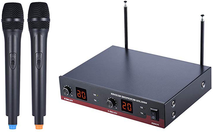 ammoon Canales Duales VHF Portátil Micrófono Inalámbrico Sistema de Micrófono Incluye 2 Micrófonos 1 Receptor con Pantalla LCD 6,35 mm Cable de Audio Adaptador de Corriente para el Karaoke Reunión