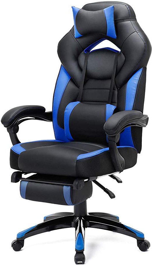SONGMICS Silla Gaming, Silla de Oficina, para Carreras, con Reposapiés, Diseño Ergonómico, Reposacabezas Ajustable, Soporte Lumbar, 150 kg de Capacidad de Carga, Azul y Negro OBG77BU