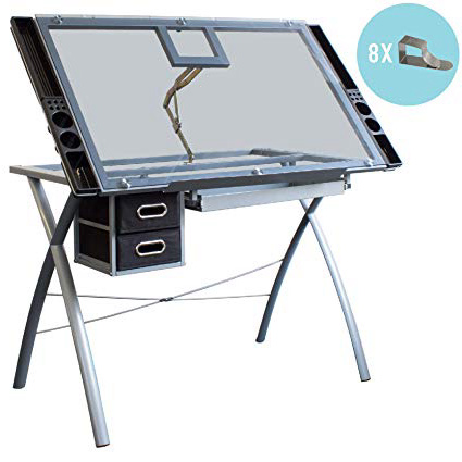 Stationery Island Saba TP Mesa de Dibujo para Arte y Diseño – Mesa Dibujo Reclinable de Cristal Transparente con Almacenaje y Clips