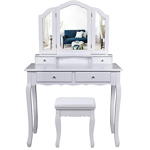 SONGMICS Mesa Tocador para Maquillaje, Bucólico Blanco con Espejo Plegable, con Taburete y 4 Cajones RDT07W