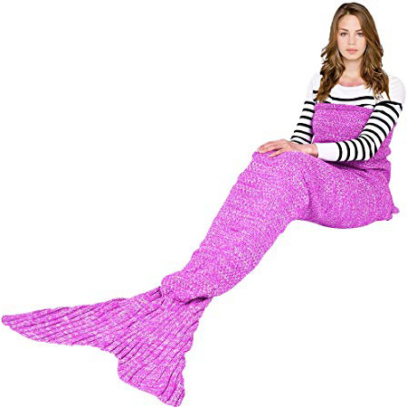 eCrazyBaby Manta de Cola de Sirena ponible, Todas Las Estaciones cálido sofá Cama Sala de Estar Manta De Punto De Ganchillo para niños y Adultos, Classic Patrón, 180 x 90 cm, Rosa Oscuro