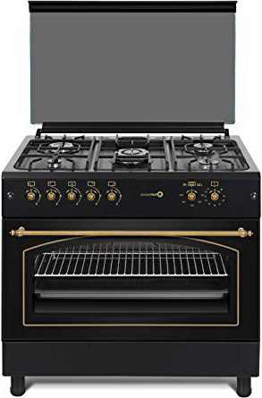 Cocina SolThermic F9L50G2-N PANORÁMICA de color Color Negro Rústico con Tiradores, mandos y ribetes dorados compuesta por 5 Quemadores y Horno panoramico
