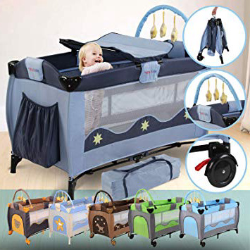 Lettino da Viaggio - 126/66/82cm, Fino a 15 kg, Pieghevole, Regolabile in Altezza, con Fasciatoio e Borsa da Trasporto, Arco da Gioco, Azzurro/Blu - Lettino da Campeggio per Bambini