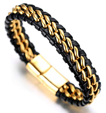 Halukakah ● Honra ● Pulsera Hombre Cuero Genuina Doble Cadena Titanio Acero Inoxidable Oro/Plata/Negro Cierre Magnético 8.46"(21.5cm) con CajaDeRegaloGRATIS