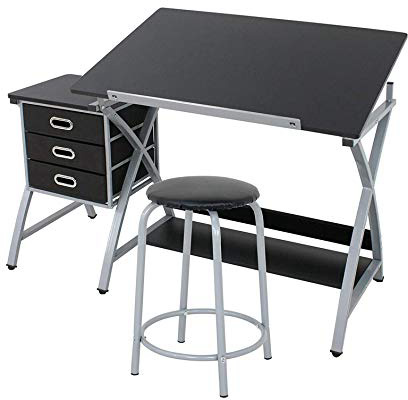 Display4top Mesa de Dibujo con Taburete para arquitectos y técnicos - Tablero reclinable, 3 cajones,Negro