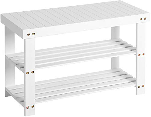 SONGMICS Banco Zapatero de bambú, Estantería para Zapatos con 3 estantes, 70 x 28 x 45 cm ideal para Entrada, Baño, Sala de Estar, Pasillo, Blanco LBS04B