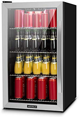 Klarstein Beersafe 4XL - Minibar, Nevera pequeña para bebidas, Nevera de bebidas, A+, 124L de volumen, Funcionamiento silencioso, Puerta de cristal, 48x85x46 cm, Iluminación LED, Plateado
