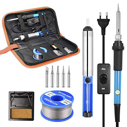 SREMTCH Kit de soldador, soldador de estaño de 60 W y 220 V de temperatura ajustable, 5 puntas diferentes, soporte, alambre de soldar para varios usos y reparaciones