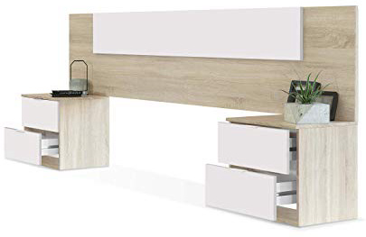 Habitdesign 016075F - Cabezal y mesitas de Noche, cabecero Acabado en Color Roble Canadian y Blanco Artik, Medidas: 247 x 95 x 38 cm de Fondo