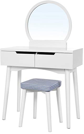 SONGMICS Tocador con Estilo Moderno, Mesa de Maquillaje, con 2 Cajones Grandes, con Corredera, Funda para Taburete Lavable, Blanco RDT11W