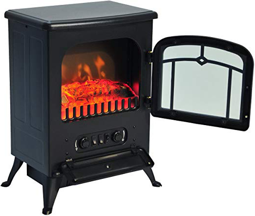 HomCom Chimenea Eléctrica con Efecto Leña - Color Negro - Vidrio Templado 3mm y Chapa de Hierro - 41,5x28x54,8 cm