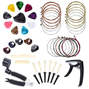 Anvin todo en 1 kit de herramientas de accesorios de cambio de guitarra incluyendo púas de guitarra, cejilla, cuerdas de acústica, bobinador de cuerdas, clavijas de puente, extractor de pines