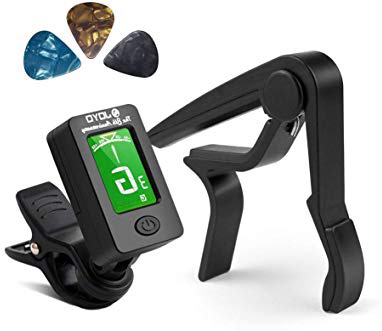 Debonice Afinador de Guitarra,Cejilla Guitarra Capo Aleación,Afinador Digital Española con Clip,Sintonizador 360°Rotación LCD Para Guitarra Bajo Violín Ukulele con 3 Púas