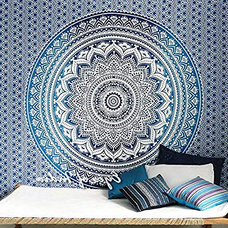Eyes of India - Doble, Reina Tresillo Mandala Decorativo Tapiz Indio Cubrecama Manta de Playa Boho Bohemio - Azul #1, 84 X 94 in. (213 X 238 cm)