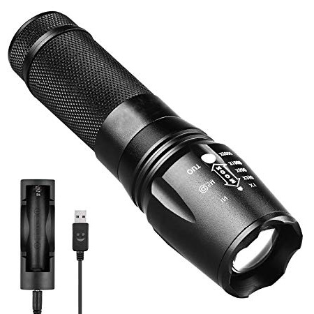 Linterna LED,Linterna Táctica,Alta Potencia Recargable 2000 Lumens Flashlight de 5 Modos para Ciclismo Camping Montañismo incluida un solo 18650 USB Carga Recargable (incluido)