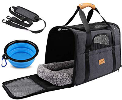 Transportín Perro Gato, Bolsa de Transporte Transpirable para Mascotas, Portador de Viaje con Correa de Hombro Ajustable, Transporte de Gato con Colchón Suave + Tazón Plegable (16.2*12.1*9.45 inch)