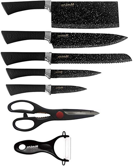 MAXELLPOWER Set DE 5 Cuchillos Tijeras PELADOR Copper Stone Juego ESMALTADOS Acero Garantia (Black Stone Edition)