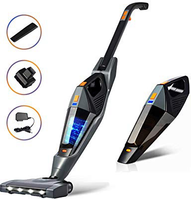 Aspiradoras Escoba, HIKEREN Aspiradora Escoba Hogar, 12000 pa, Aspirador Mano Sin Cable, con Estación de Carga y 4 X Luces LED, 2 Velocidades, Batería de 2500mAh, Lavable Filtro HEPA, 2 Cepillos