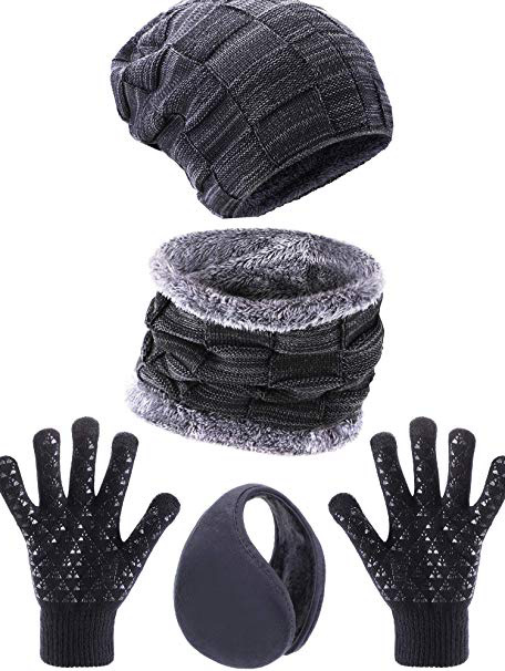 Juego de Esquí Caliente de 4 Piezas Incluye Sombrero Forrado de Lana Bufanda de Círculo Calentador de Orejas y Guantes de Invierno para Adultos Niños