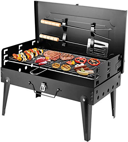 SunJas Barbacoa Portátil Barbacoa de Carbón Plegable con Parrillas de Acero Inoxidable Asador al Aire Libre Mini BBQ para 4-6 Personas para Jardin, Picnic, Camping - Color Negro