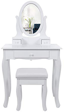 SONGMICS Tocador Mesa de Maquillaje Belleza 3 Cajones Espejo Oval Taburete Acolchado 70 x 40 x 130 cm RDT004