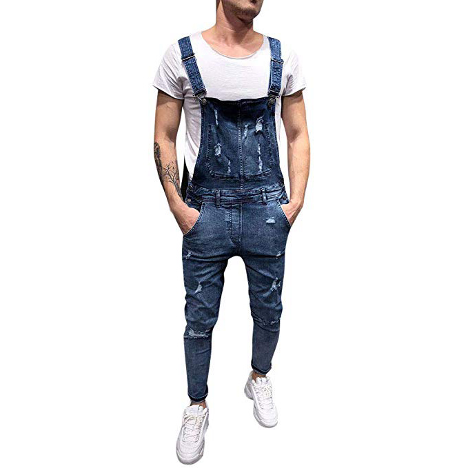 STRIR-Ropa Peto Corte Ajuste Holgado Pantalón Chandal Hombre Mono Vaquero Mezclilla Jumpsuit Casual Pantalones con Agujeros Suelto para Hombre Roto con Peto Tirante con Bolsillos