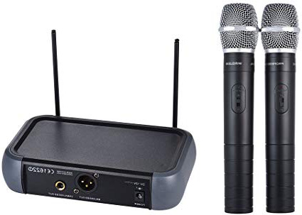 ammoon Micrófono Inalámbrico Sistema Doble Canal VHF de Mano con la Función Echo 2 Micrófonos y 1 Receptor Cable de Audio de 6.35 mm para Karaoke Fiesta Familiar Presentación Dirección Pública