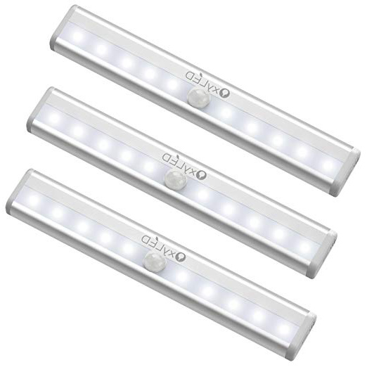 OxyLED Sensor luz del armario,LED luz del armario,bajo el armario,funciona con batería de iluminación con tira magnética pegada, auto encendido/apagado pegado en cualquier lugar,10 LED,3 unidades