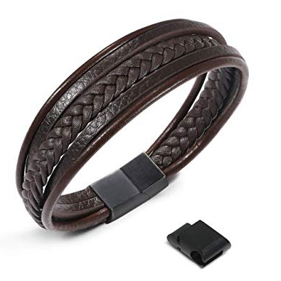 flintronic® Pulsera Hombre, Cuero Brazalete Trenzado Cruzada, Pulsera Cuero Trenzado Hombre, Acero Pulsera Trenzada con Cierre Magnética Inoxidable - Negro