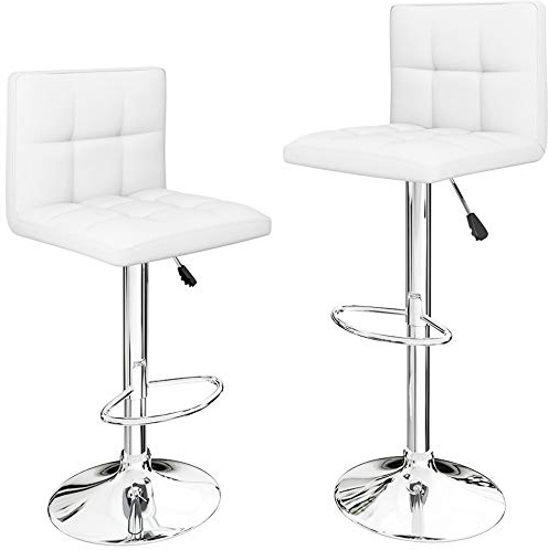 LANGRIA 2 x Taburetes de Bar Stockholm con Respaldo, Tapizados en Cuero de Imitación, Base, Reposapiés en Acabado Cromado, Altura Ajustable, para Cocina, Bar (Juego de 2 Taburetes, Blancos)