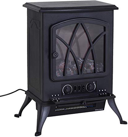 HOMCOM Chimenea Eléctrica Móvil tipo Estufa de Pie con Efecto de Leña Ardiendo Calefactor 1000W/2000W 45x28x54cm Color Negro
