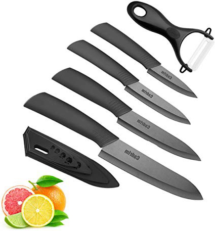 Cadrim Cuchillos Chef, Cuchillos de Cocina de Cerámica,Cuchillos de Cerámica para Cortar Carne de Verduras de Fruta 5pcs/Set Negro